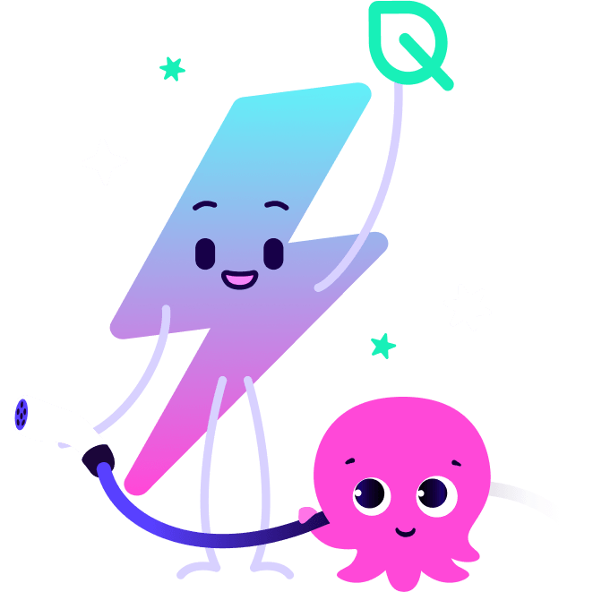 A smiling lightning bolt character holds a green leaf symbol, standing beside a pink octopus with stars in the background.